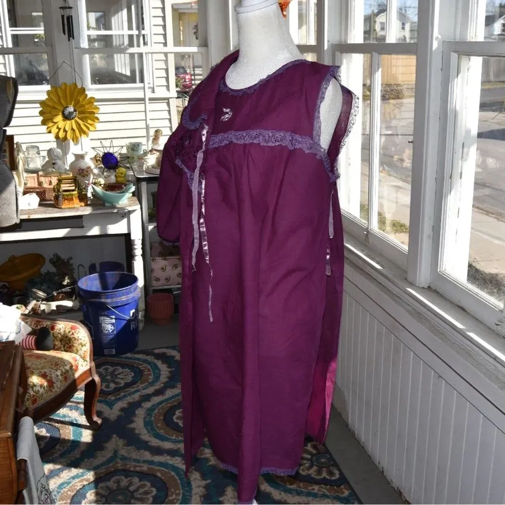 Vintage 40s 50s Sheer Plum Peignoir Set Lace Ribbon Mid Century Loungewear Med